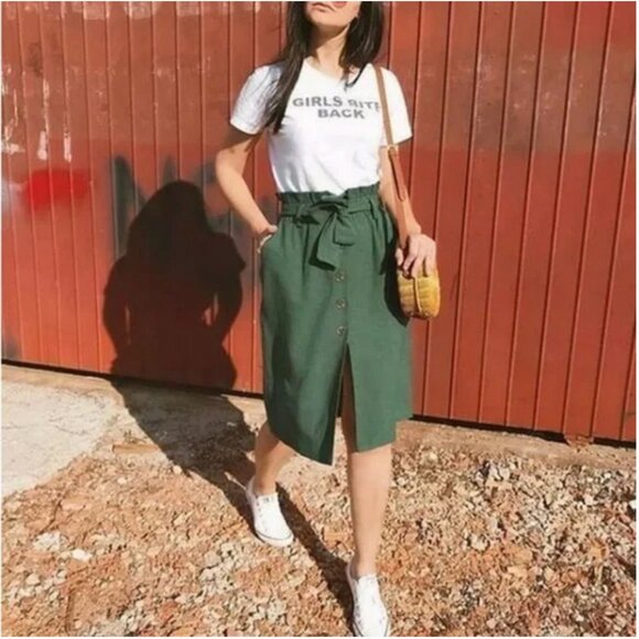 Cali 1850 Women's Olive Button Front Linen Blend Skirt with Attached Belt Size S - Picture 1 of 9